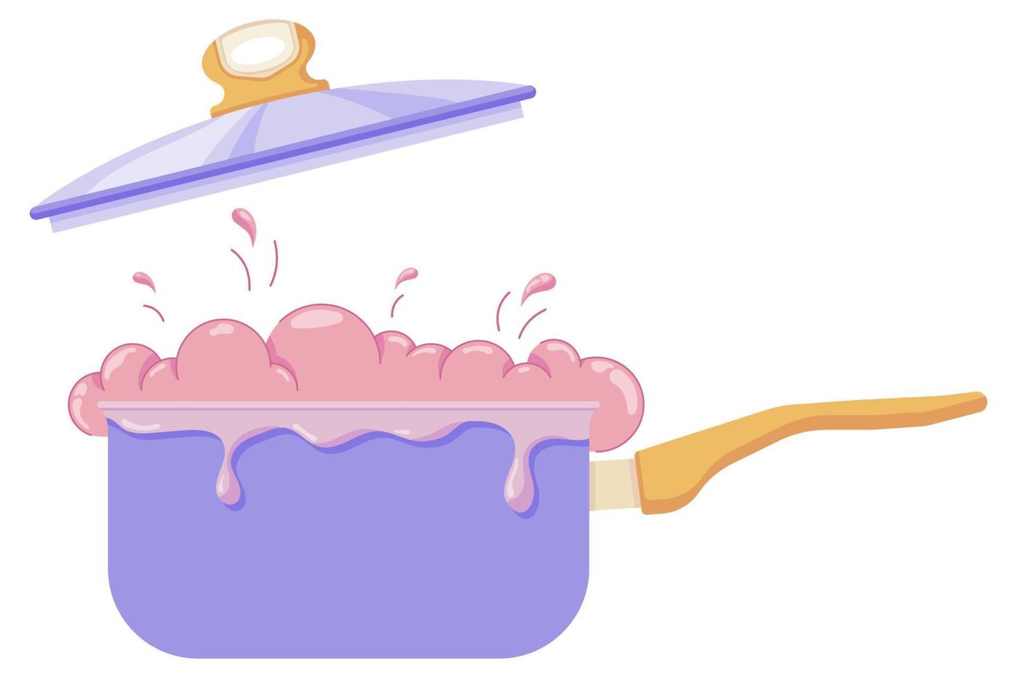 A ladle with boiling liquid, boiling milk or other liquid on the stove, splashes and splashes, a blown lid from steam in a flat style isolated on a white background vector