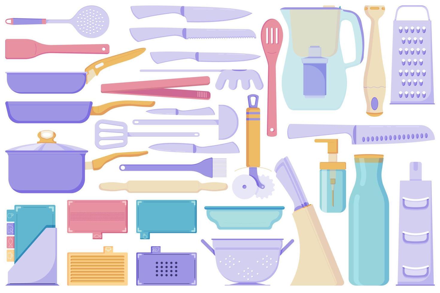 A set of kitchen appliances for cooking, kitchen utensils, knives, jugs, cutting boards, pans and ladles, bowls, grater, colander and other elements in a flat style isolated on a white background vector