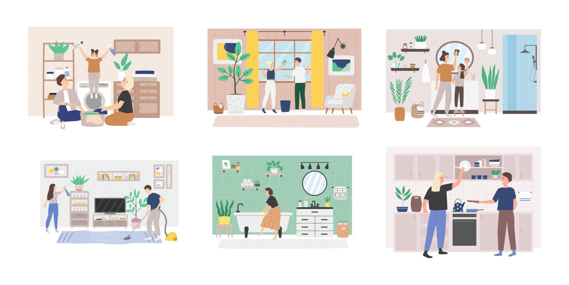 Scenes with people doing housework vector