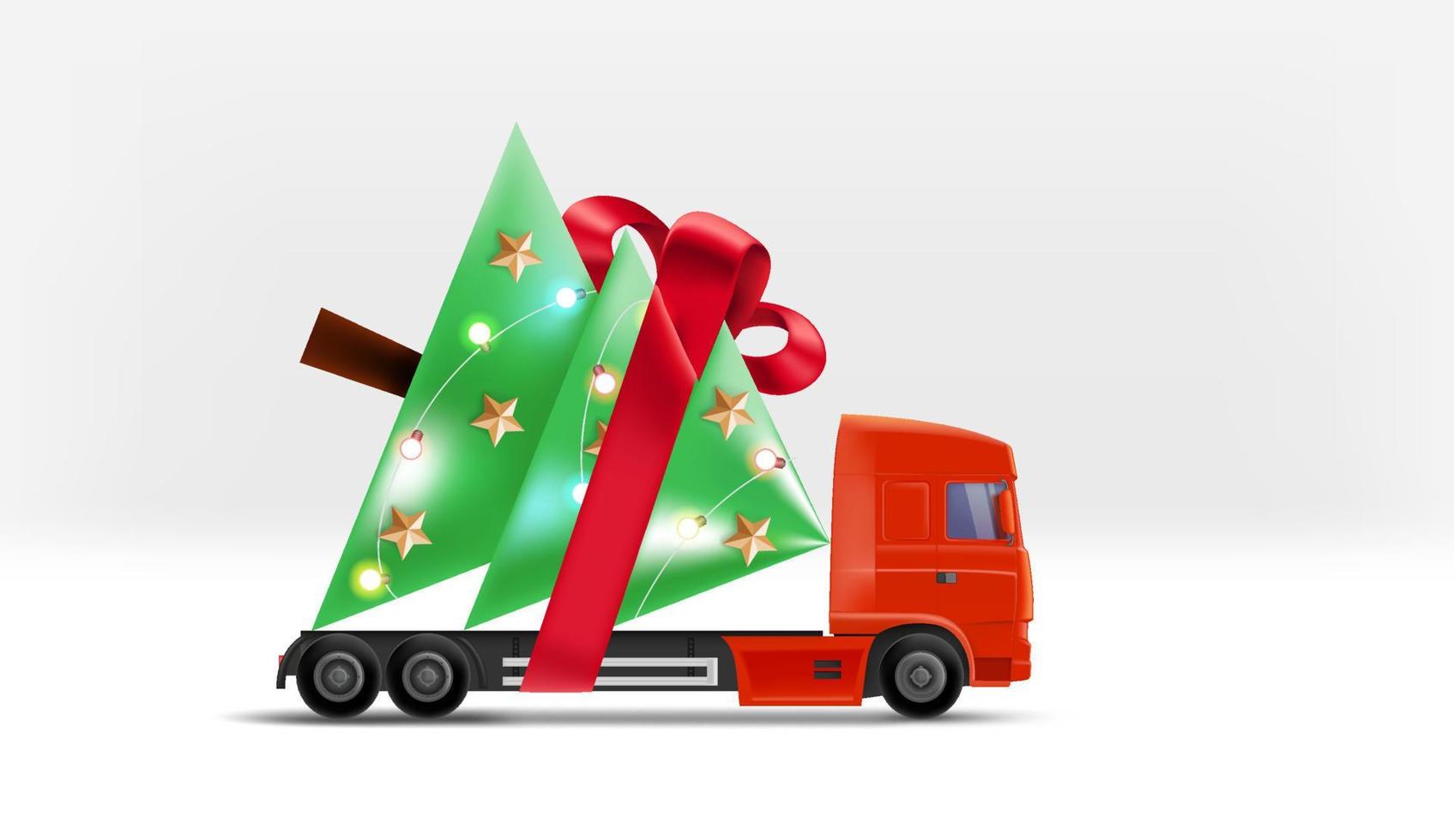 Truck with Christmas tree. Holiday delivery concept. 3d vector illustration