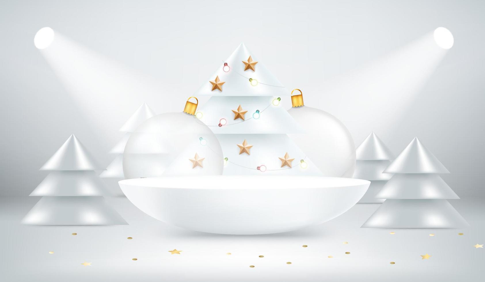 Illuminated studio with podium and Christmas decorations. 3d vector illustration