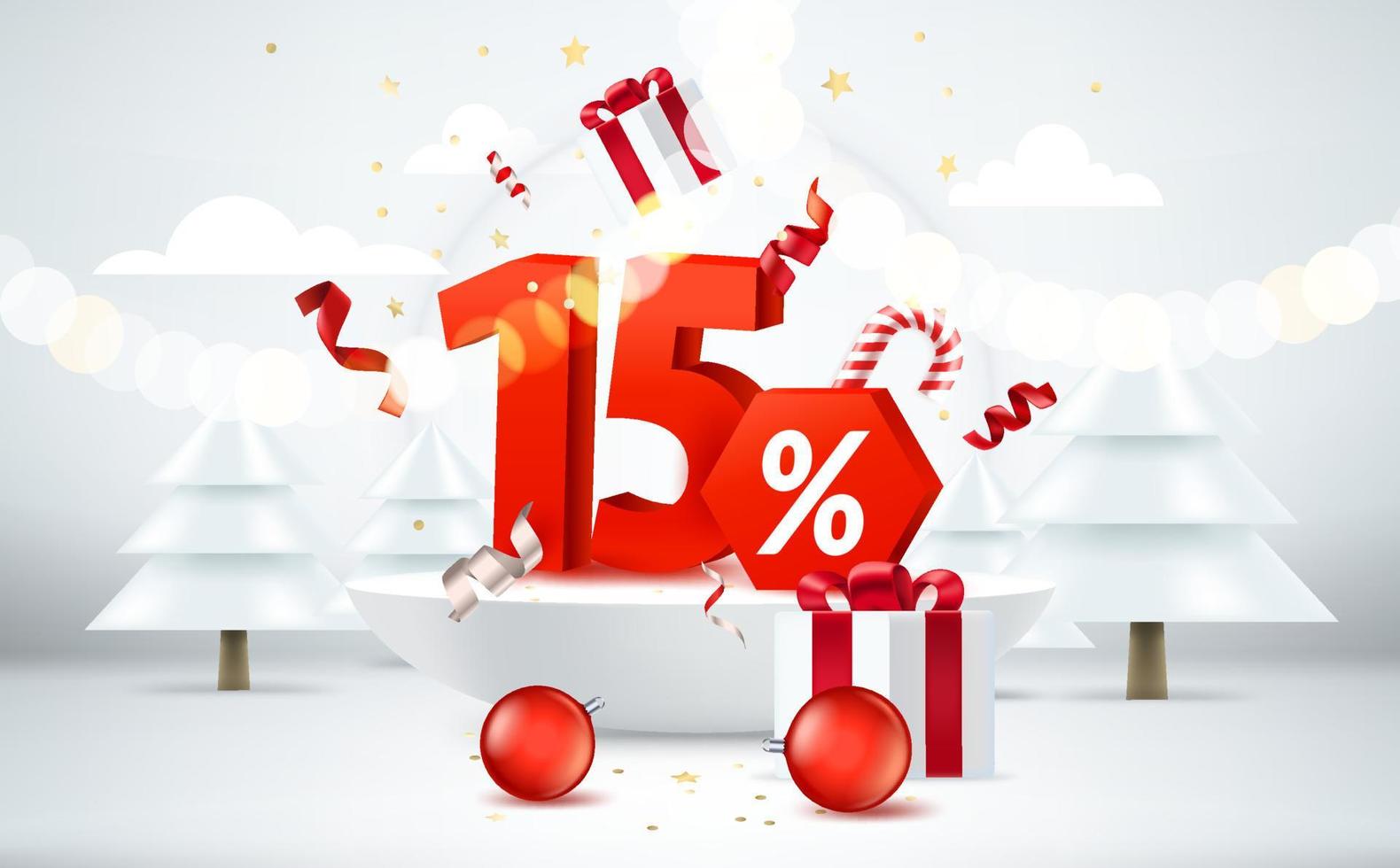 Fifteen percent Christmas discount. Season sale banner. Bright room with christmas elements and digits. 3d style vector banne