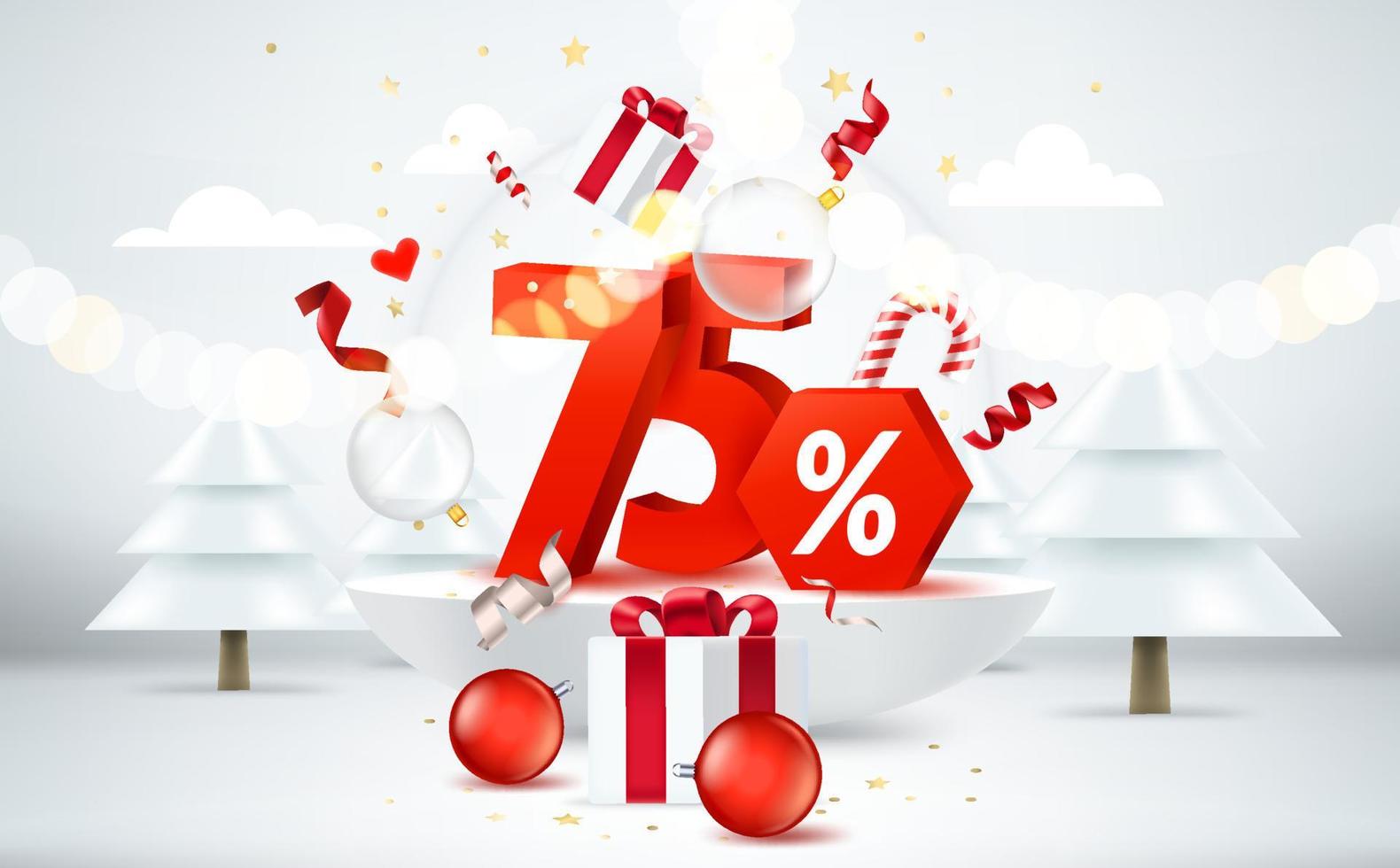 setenta por ciento de descuento de navidad. banner de venta de temporada. habitación luminosa con elementos navideños y dígitos. Banner de vector de estilo 3d