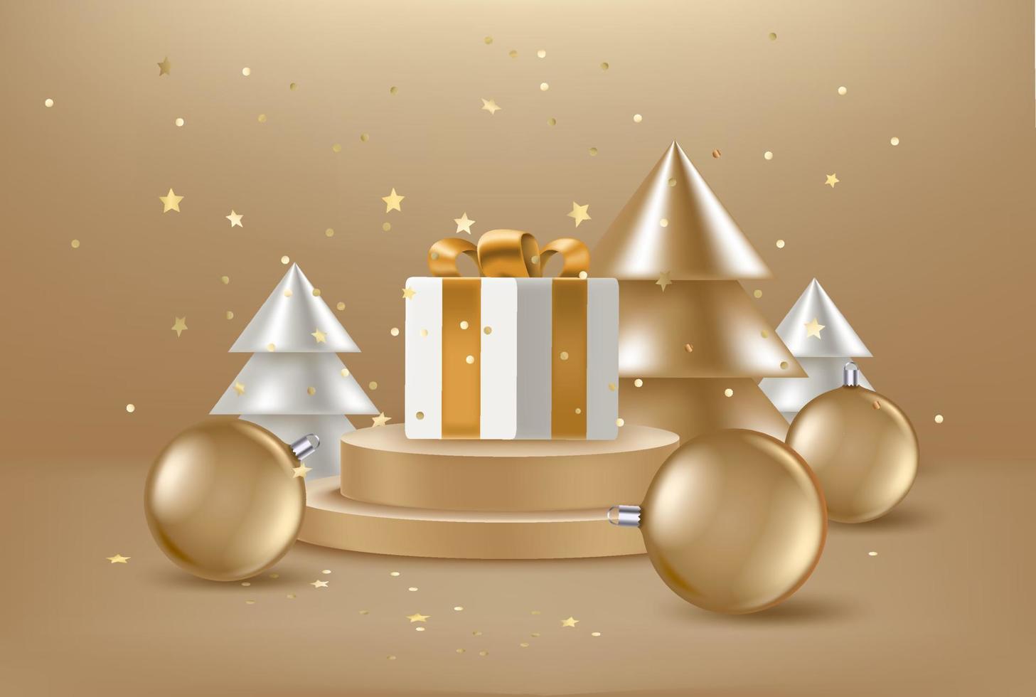 tarjeta de felicitación de Navidad con pinos abstractos, caja de regalo y adornos dorados. Ilustración vectorial 3d vector