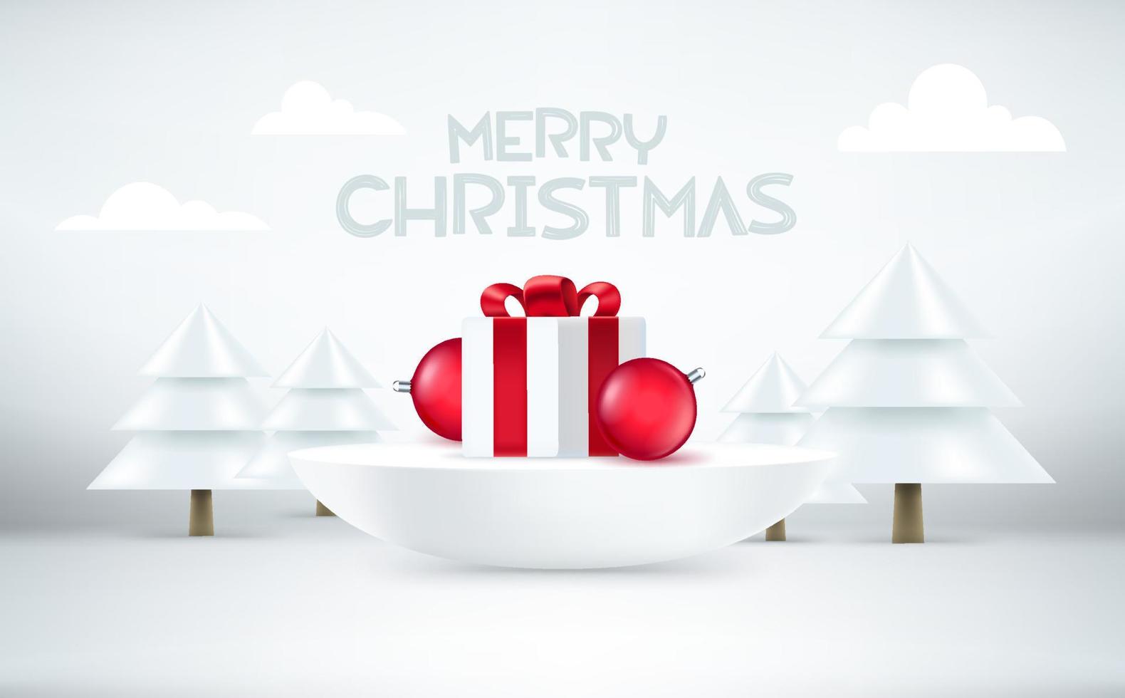 Christmas composition with semiphere stage, abstract pines, gift box and baubles. 3d vector banner with copy space