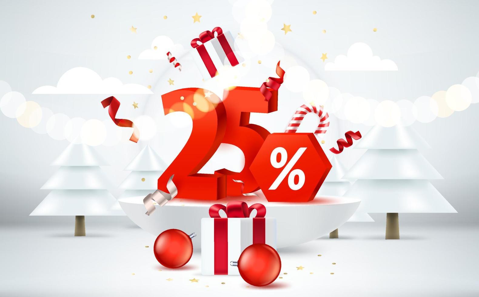 Twenty five percent Christmas discount. Season sale banner. Bright room with christmas elements and digits. 3d style vector banner