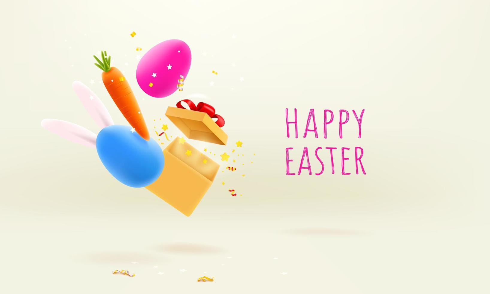 tarjeta de pascua feliz. Banner de Pascua con objetos realistas que caen. caja de regalo, zanahoria, confeti y huevos. vector