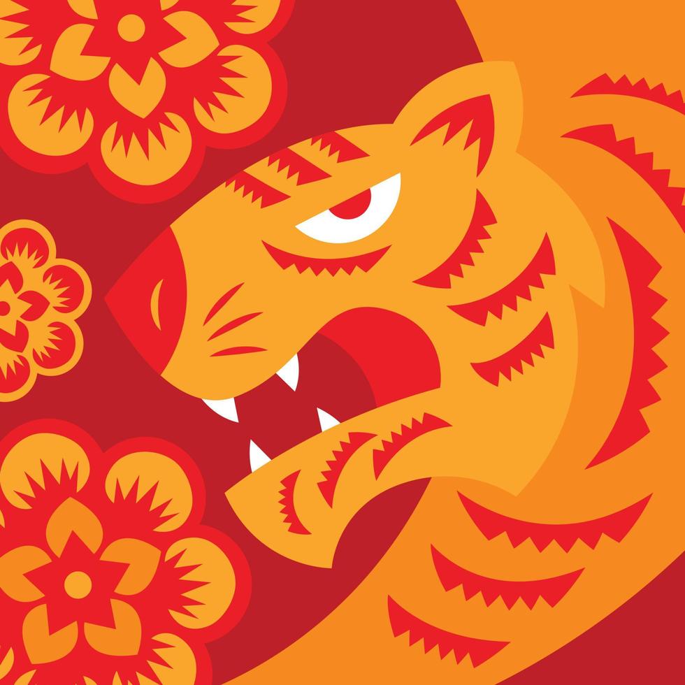 año nuevo chino 2022. año del tigre. Corte de papel del símbolo garphic del tigre y adornos florales orientales en la tarjeta de felicitación vector