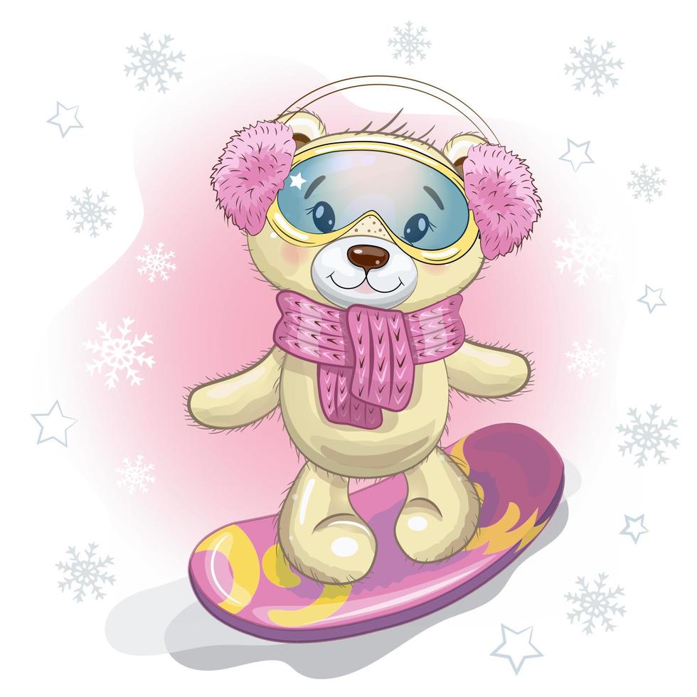 linda chica de oso de peluche de dibujos animados en una bufanda de punto, auriculares de piel, gafas de snowboard y en una tabla de snowboard. vector ilustración de invierno. año nuevo, ilustración de Navidad con copos de nieve en el fondo.