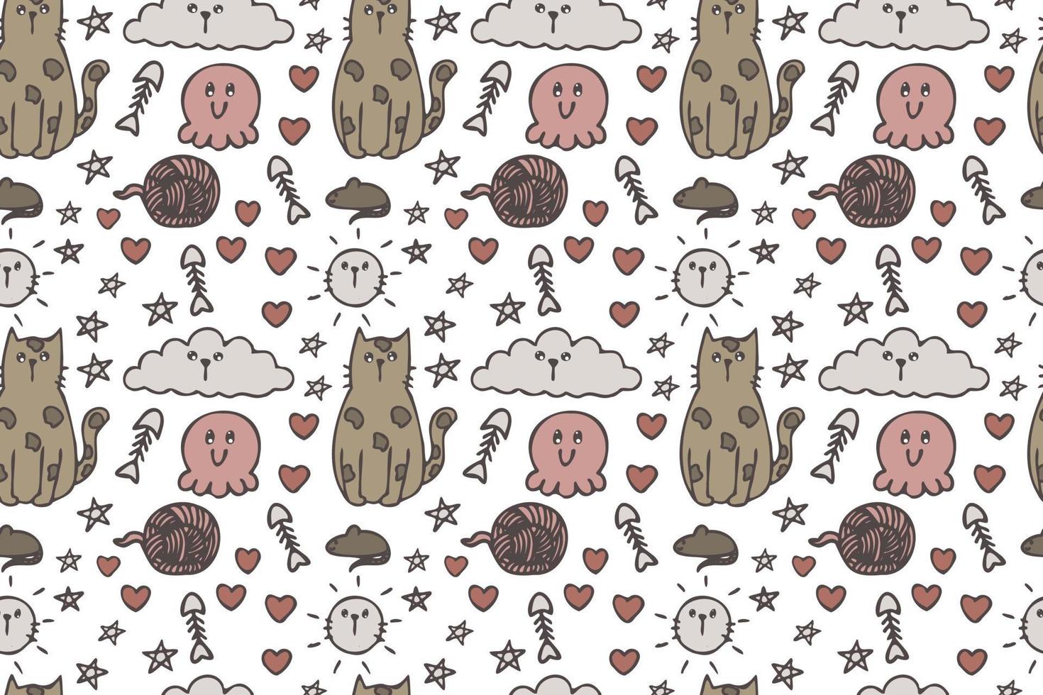 Hand drawn cute cat seamless pattern art. vector