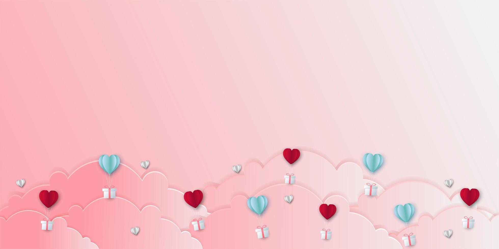 Ilustración del amor y el día de San Valentín con globos de corazón, regalos y nubes. estilo de corte de papel. ilustración vectorial vector