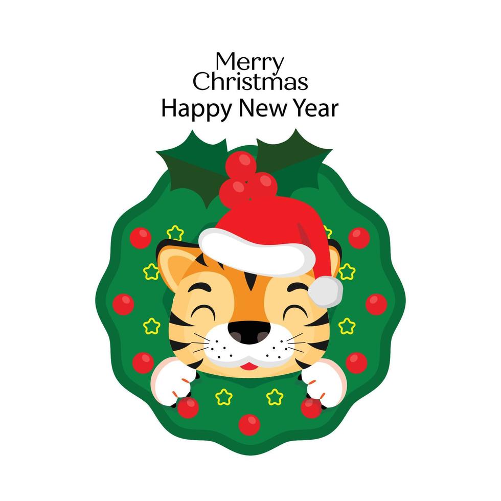 Merry Christmas and happy new year greeting card with cute tiger. vector
