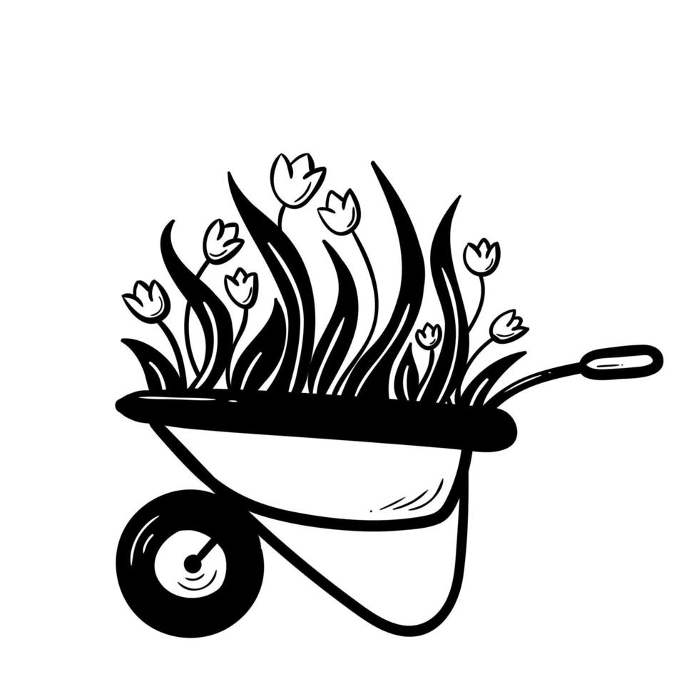 Hand drawn doodle tulips flowers in garden wheelbarrow isolated on white background vector illustration. Drawing line simple wheelbarrow icon. Cute sketch for garden shop logo, typography card design.