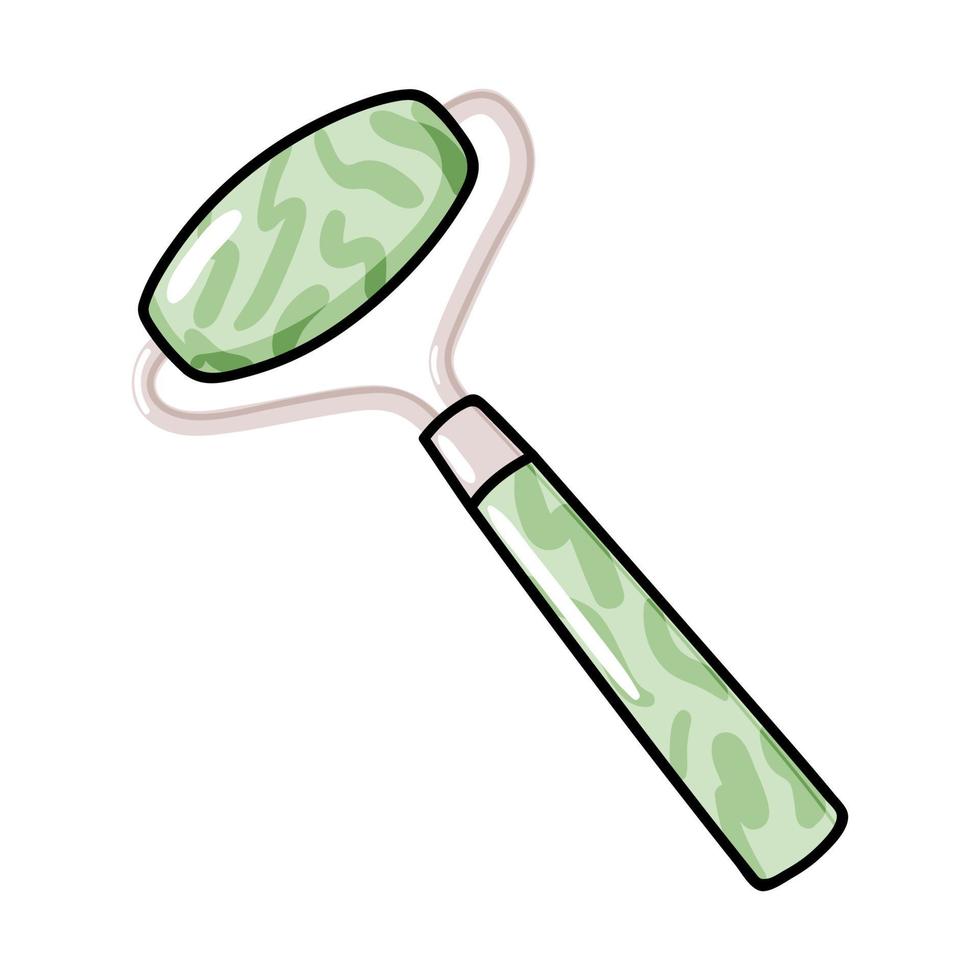 Jade massage nephrite green quartz roller icon illustration, facial gua sha stone massager, Acupuncture tool for face lifting and anti-aging, realistic doodle vector clipart isolated on white