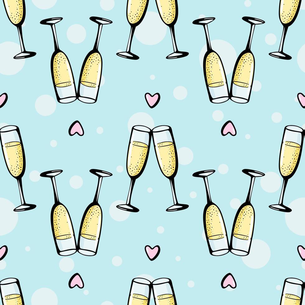 Glasses of champagne seamless doodle pattern. Cheers vector illustration on blue background. Valentines day greeting card, anniversary celebration