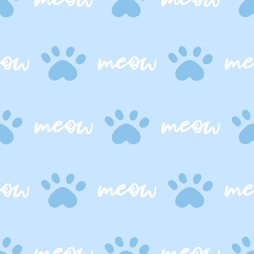 Patrón sin fisuras de gato azul y blanco. Ilustración de vector de fondo de patas de gato y miau. lindo personaje de dibujos animados en colores pastel para vivero