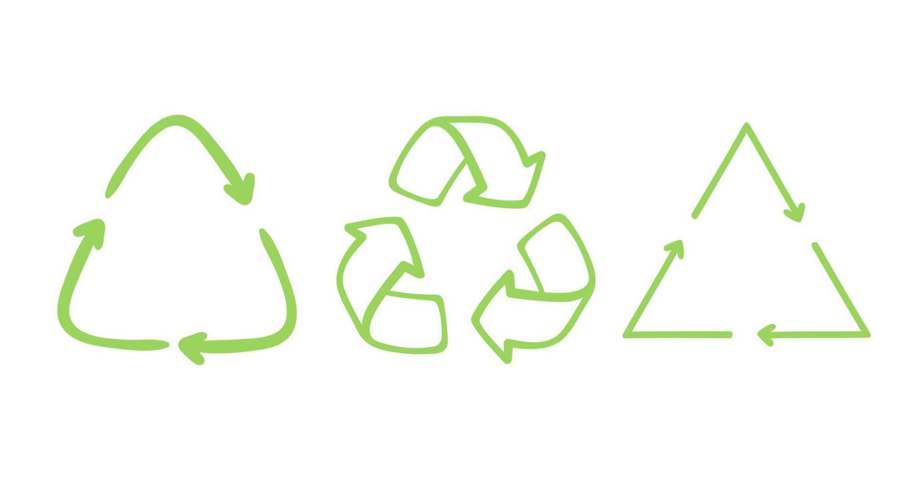 Doodle conjunto de ilustración de reciclaje de símbolos de flecha, utilizando recursos reciclados. icono de vector de eco verde estilo dibujado a mano. concepto de ecología de residuos cero. colección de vectores