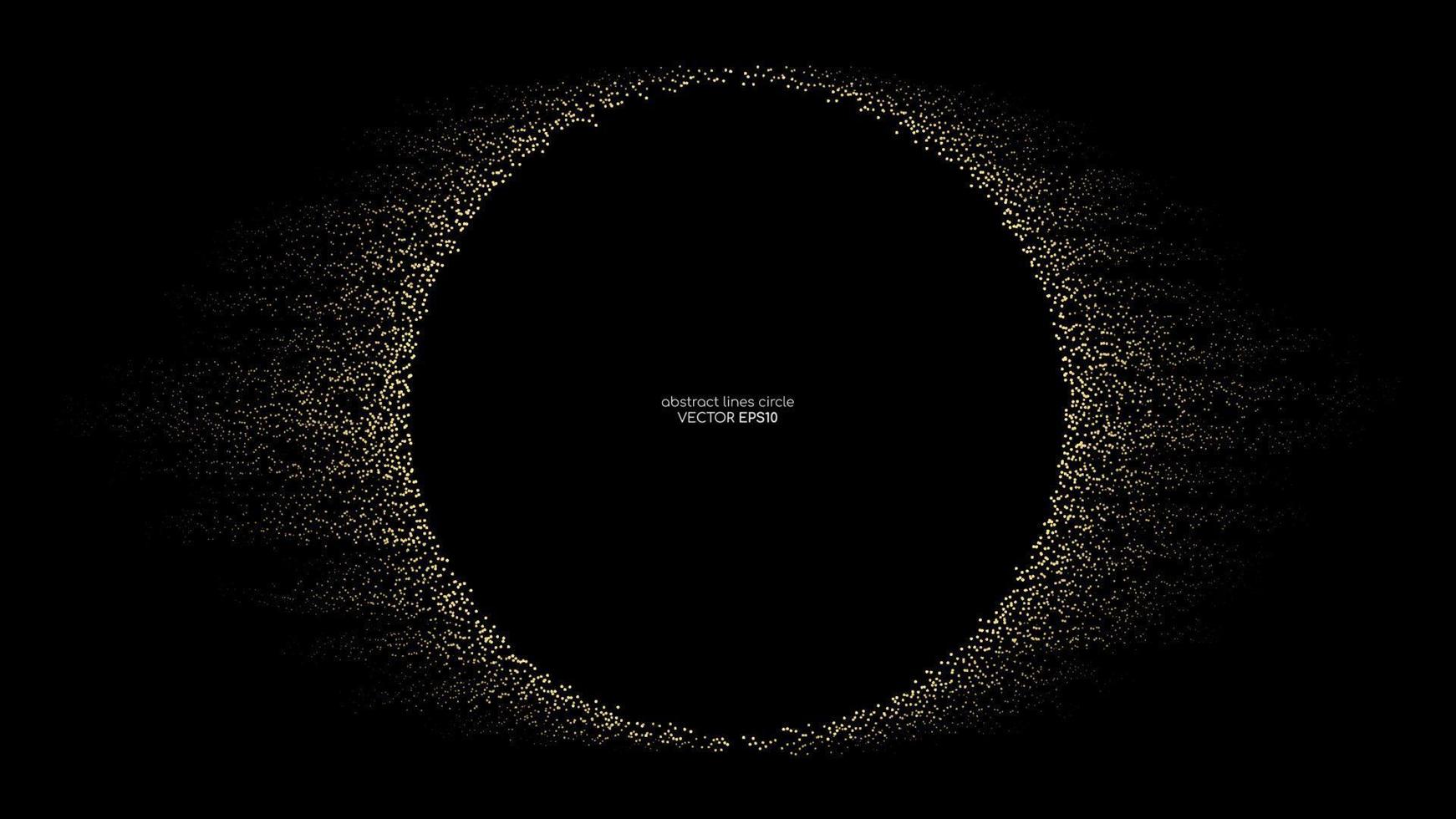 Marco de línea de círculo abstracto con partículas de brillo dorado que fluyen aisladas sobre fondo negro en concepto de lujo para fondo, banner, tarjeta de invitación. vector