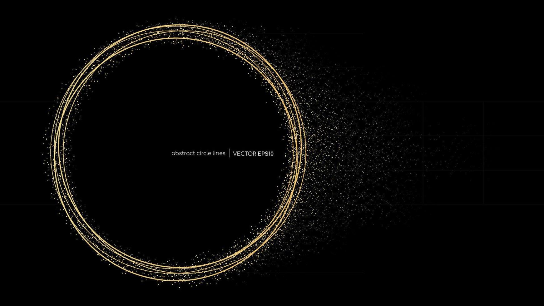 Abstract circle line frame with gold glitter particles flowing isolated on black background in luxury concept for background, banner, invitation card. vector