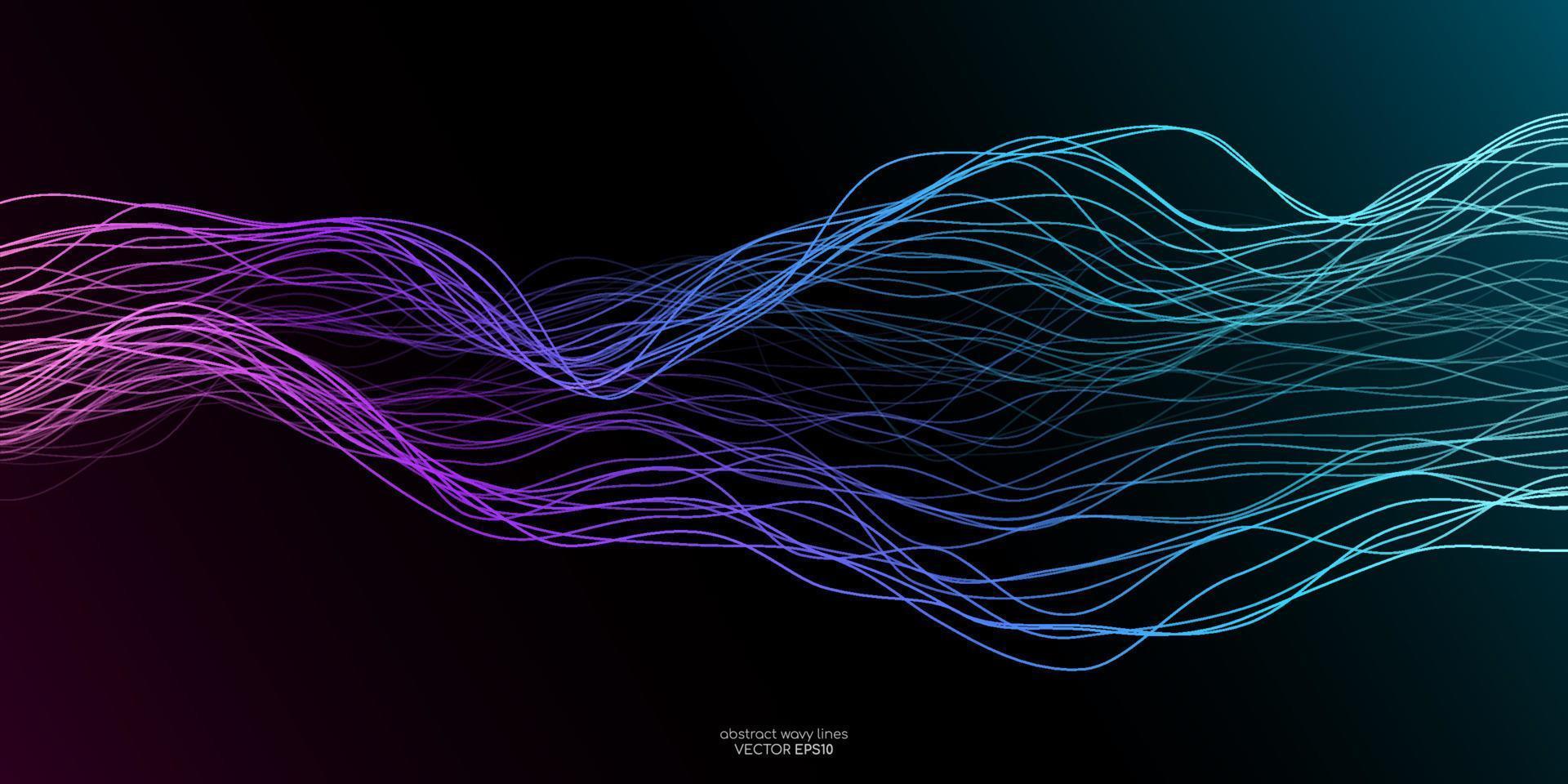 Vector wave lines flowing dynamic in colorful purple blue green isolated on black background for concept of AI technology, digital, communication, science, music