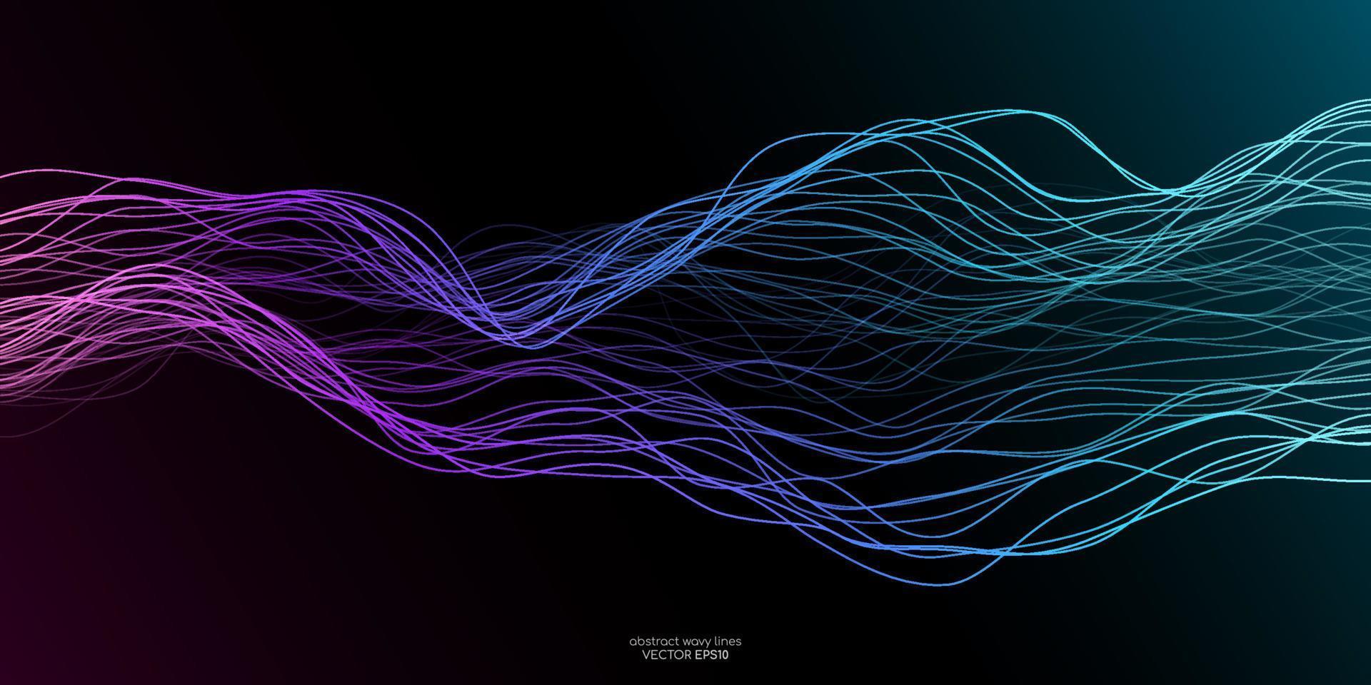 líneas de onda vectoriales que fluyen dinámicamente en un colorido verde azul púrpura aislado sobre fondo negro para el concepto de tecnología ai, digital, comunicación, ciencia, música vector