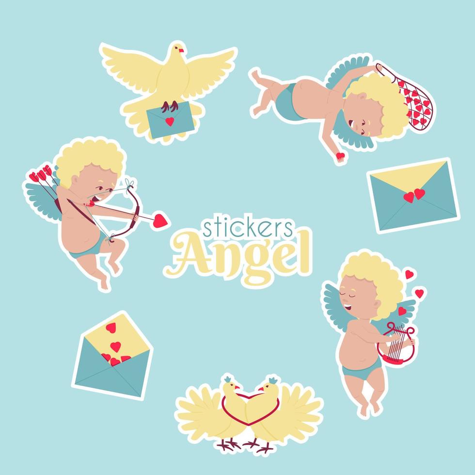 Set of stickers of cupids, doves, and love letters vector