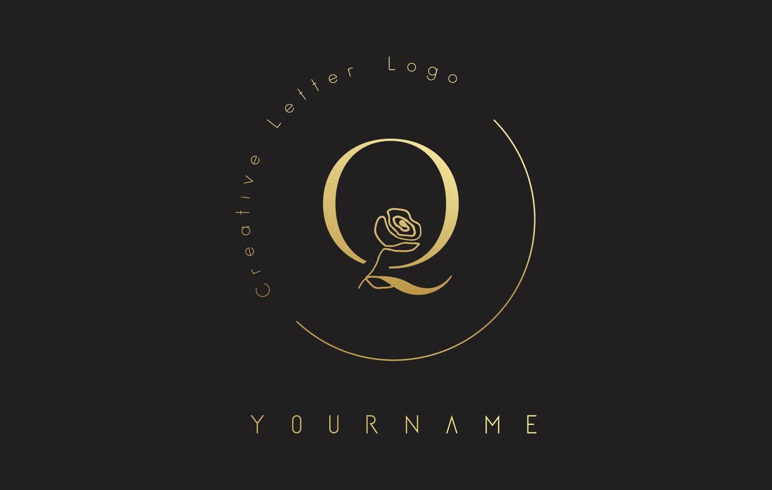 Golden Creative initial letter Q logo with lettering circle and hand drawn rose. Floral element and elegant letter Q. vector