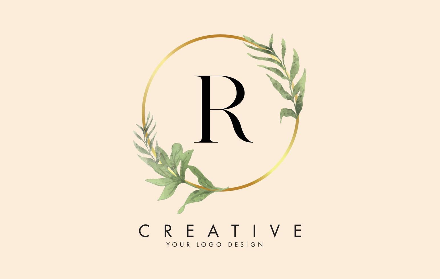 R Letter logo design with golden circles and green leaves on branches around. Vector Illustration with R letter.