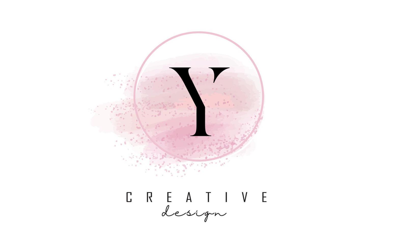 Y letter logo design with glittery round frame and pink watercolor background. vector