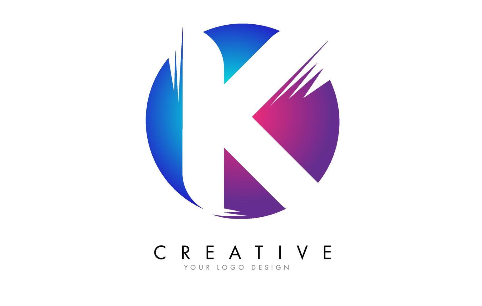 Diseño de logotipo de letra k colorido con cortes creativos y fondo redondeado azul y rosa degradado. vector