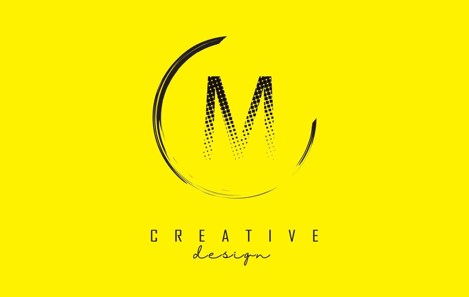 M letter logo design with black squares and circle frame on bright yellow background. vector