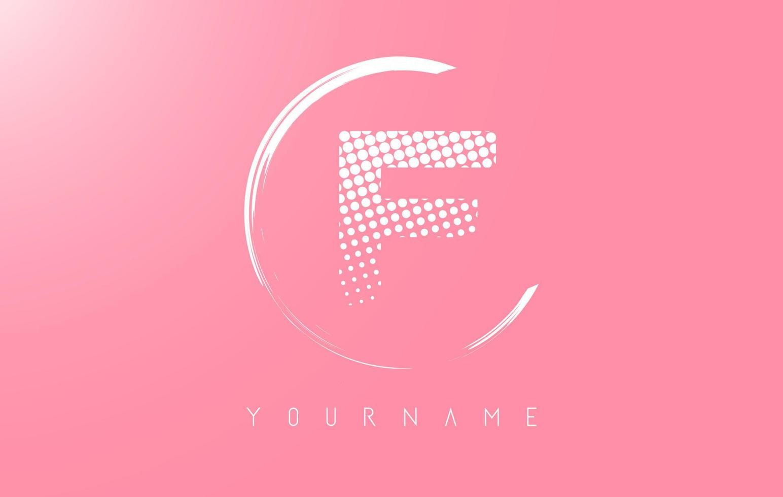 White F letter logo design with white dots and white circle frame on pink background. vector