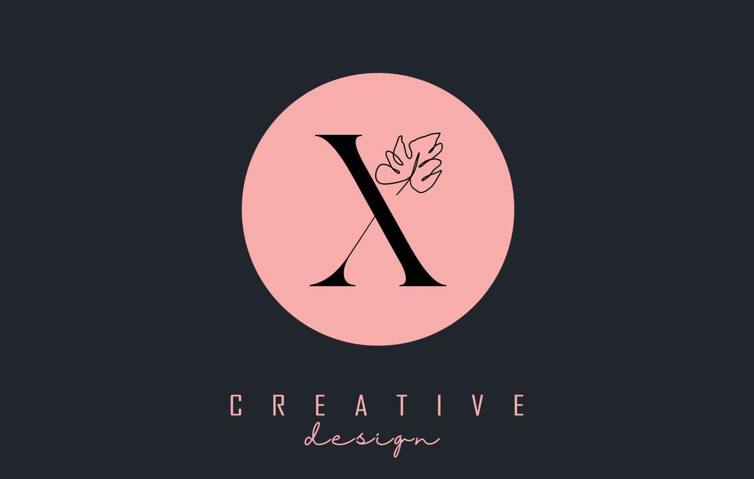 X letter logo design with Monstera leaf one line drawing on a pink circle background vector illustration.