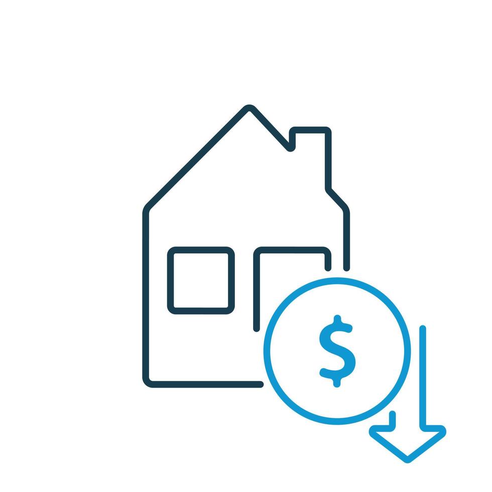 Fall of cost real estate. House and dollar coin line icon. Decrease of price in real estate. Arrow down line icon. Vector