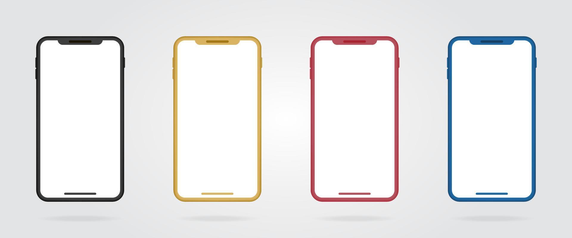 Realistic colored smartphone frames. Black, gold, red and blue mockup mobile phone. Set of color cellphones. Vector