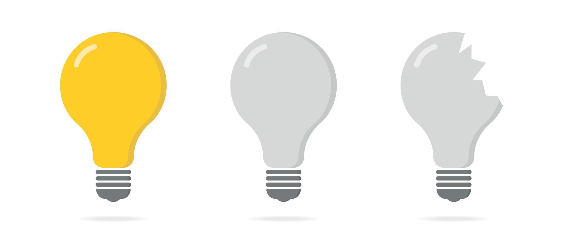 Broken lamp concept. Yellow lightbulb destruction. Whole bulb, lamp off, broken lightbulb. Vector