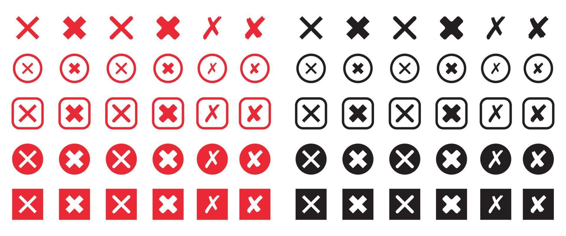 conjunto de icono de cruz roja y negra. símbolo de marca x en estilo plano. vector
