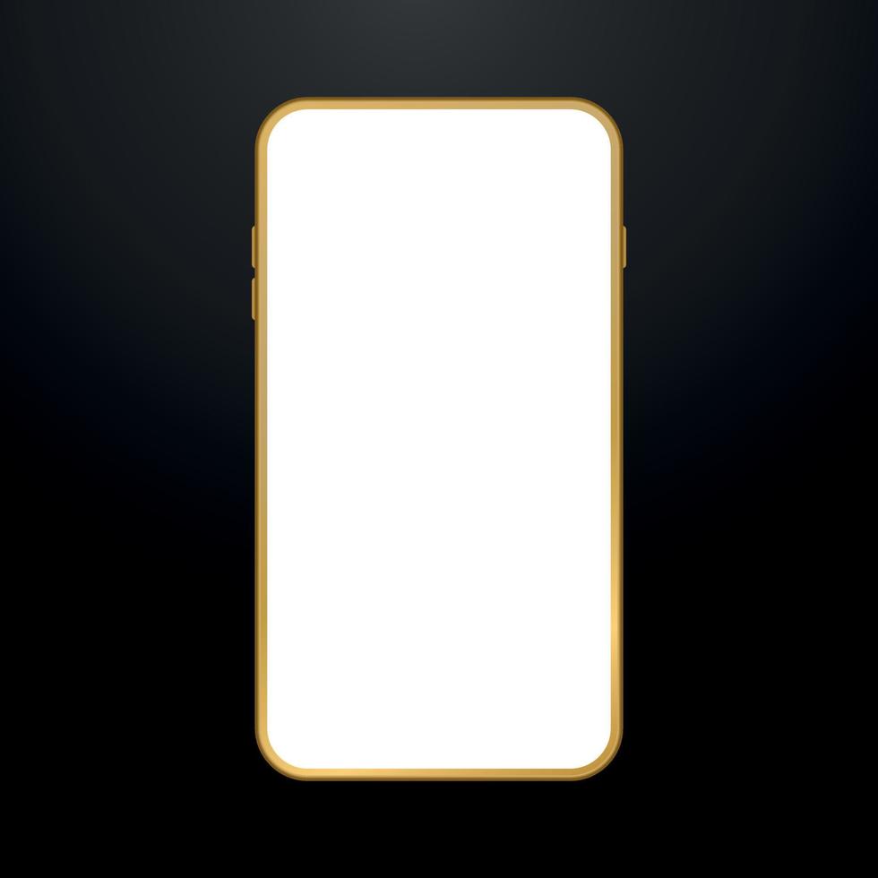 Realistic gold smartphone on black background. Golden mobile phone mockup. Empty white screen of cell phone. Vector
