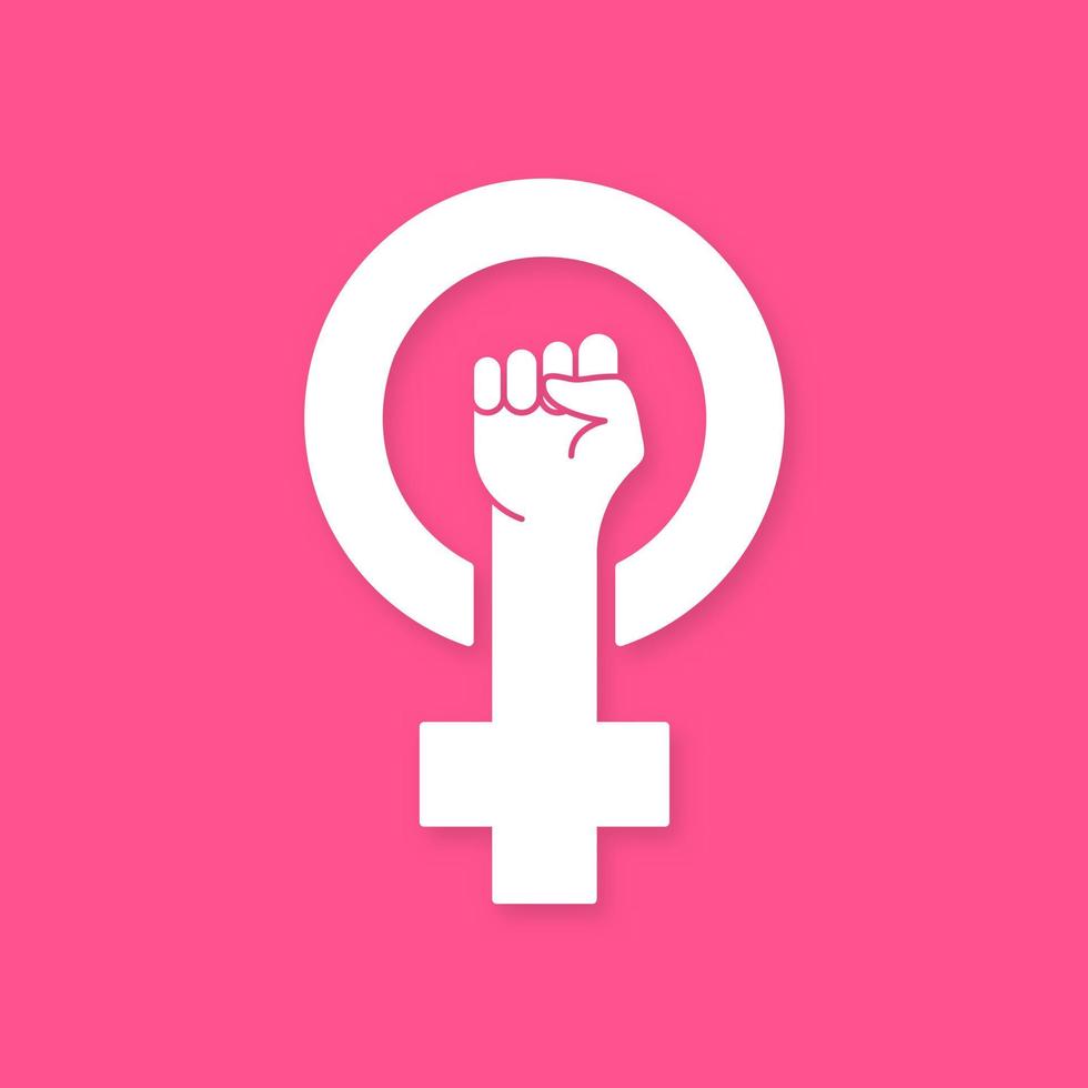 Feminism Protest Symbol. White Female First, Women Rights. Symbol of Feminism Movement. Girl Power Sign. Pink Arm silhouette on pink background. Vector illustration
