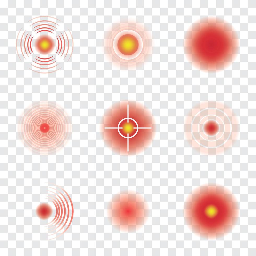 Body pain concept. Set of red circle points. Pain localization marks. Vector
