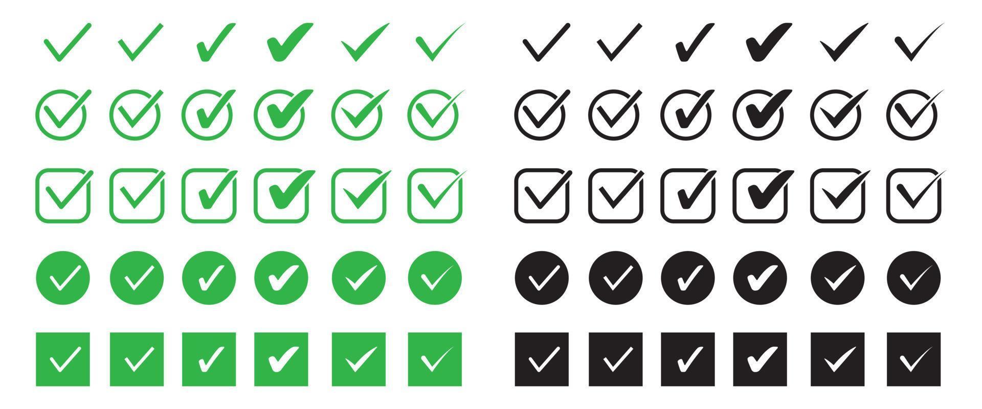 Set of green and black check mark flat icon. Silhouette of tick mark in various shapes. Vector4x4 vector