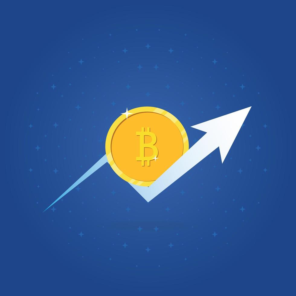 Bitcoin growth concept. Btc with arrow up symbol on space background. Vector illustration