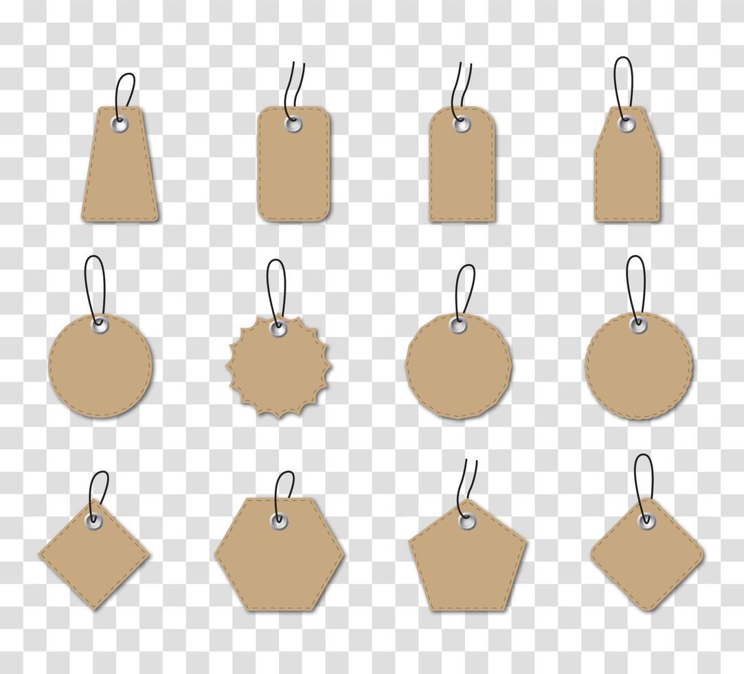 Template of blank craft brown paper price tags or gift tags. Set of kraft shopping labels. Vector