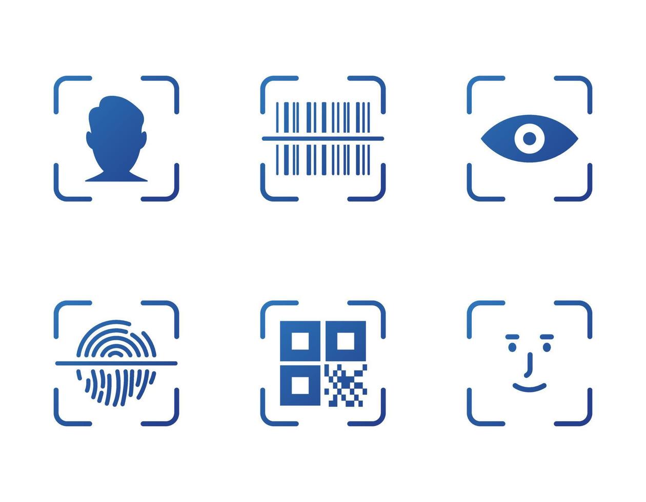 Escáner de huellas dactilares, identificación facial, código de barras, ojo y código qr. icono de verificación biométrica de identidad. Conjunto de iconos de escaneo de código QR, escaneo de código de barras y reconocimiento facial. seguridad, iconos de escáner de identificación. ilustración vectorial vector