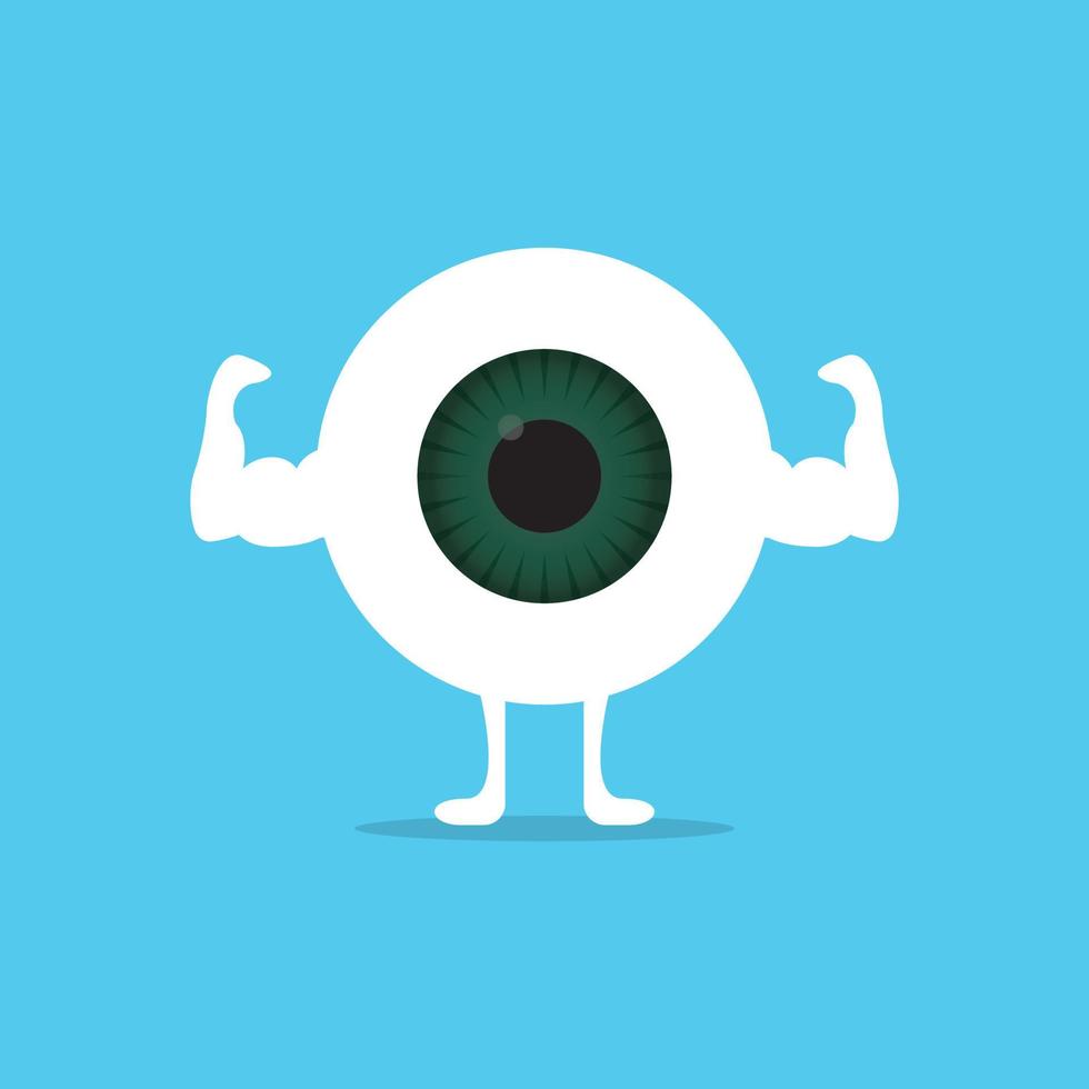 Strong and healthy white eye on blue background. Flat cartoon character. Muscles of eyeball. Vector illustration