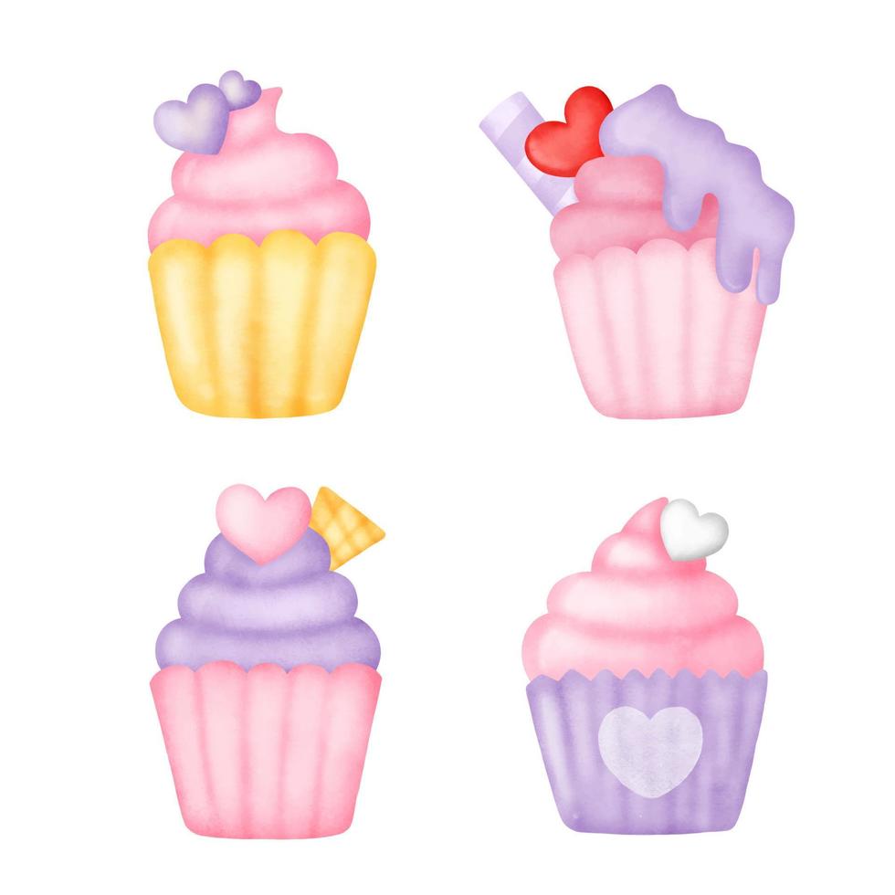 Hand drawn watercolor cupcakes set. vector