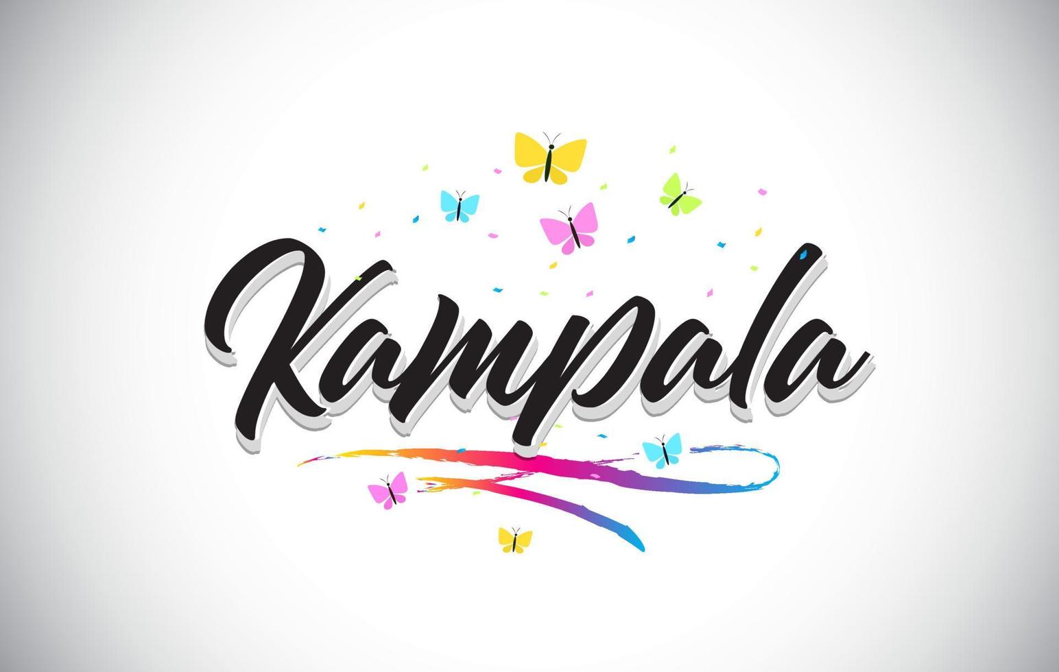 Kampala Handwritten Vector Word Text with Butterflies and Colorful Swoosh.