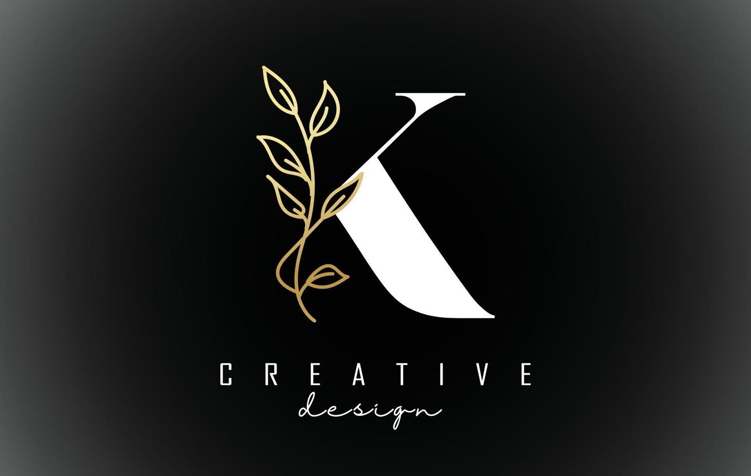 Diseño de logotipo de letra k blanco con ilustración de vector de rama de hojas doradas.