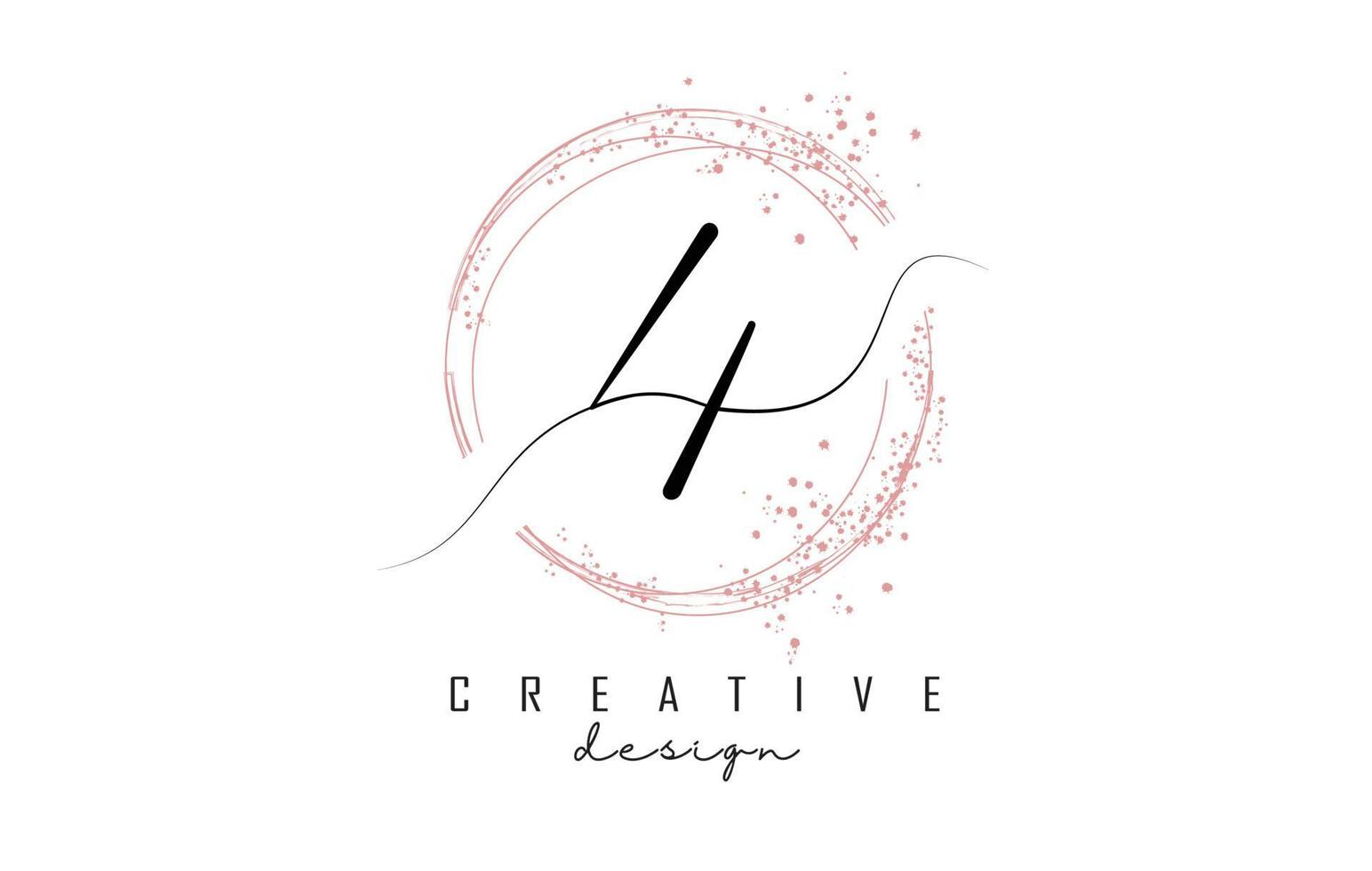 Handwritten 4 four number logo with dust pink sparkling circles and glitter. vector