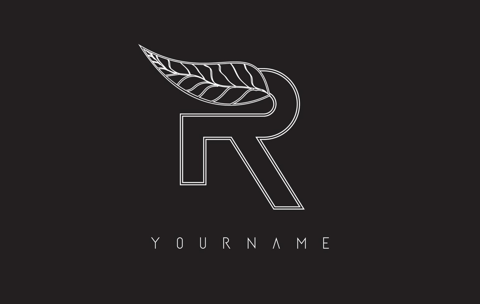 White Outline R Letter Logo with outline leaf design. Vector ...